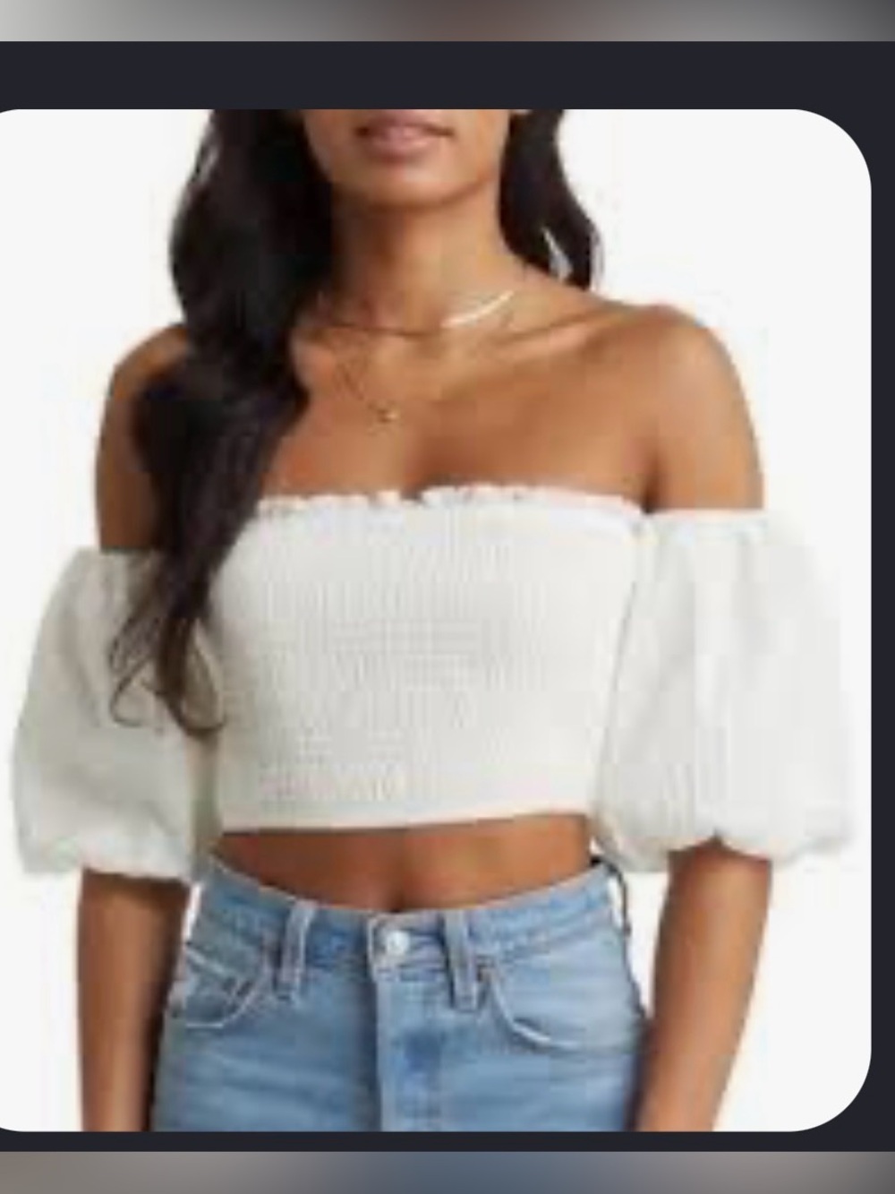 Vici White Off-Shoulder Smocked Puff Sleeve Crop Top